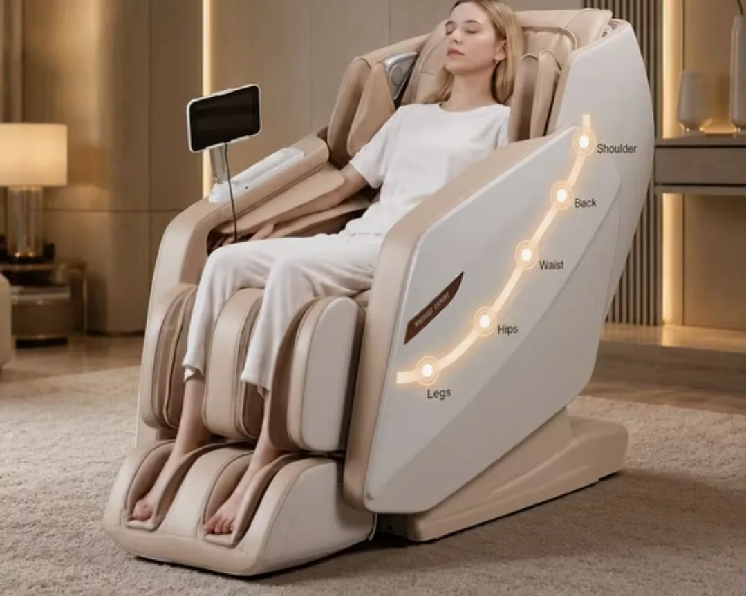 Woman relaxing in the Dream Pulse massage chair in a warmly lit living room