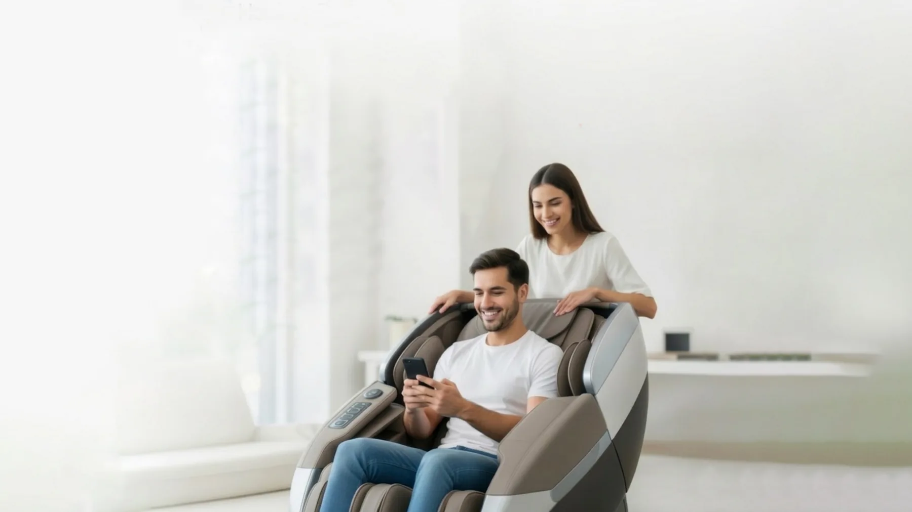 A couple relaxing together in a massage chair in a bright living room