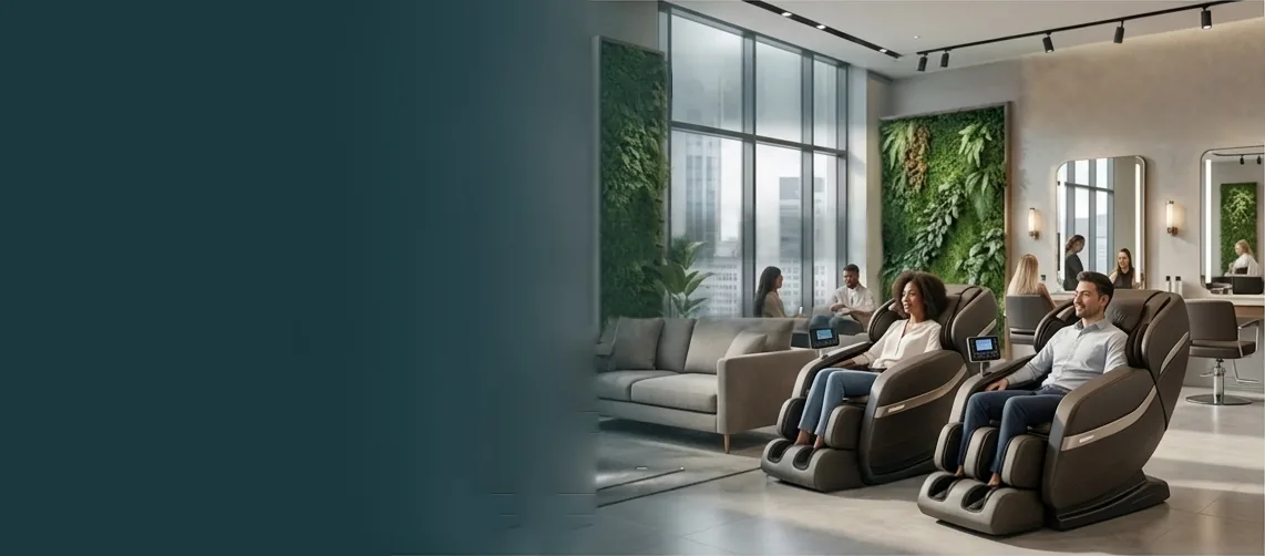 Team members relaxing in massage chairs in a modern workplace lounge